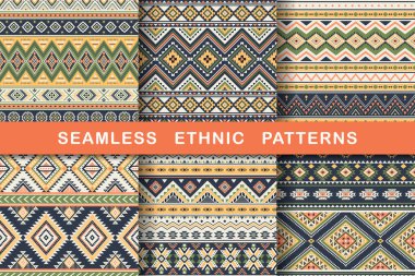 Etnik, pürüzsüz kalıplar. Aztek geometrik arkaplan seti. Şık Navajo kumaş koleksiyonu. Kabile modern soyut vektör çizimi.