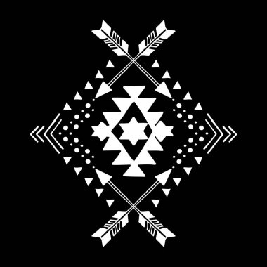 Aztek vektör unsuru, etnik el çizimi süsü. Kabile tasarımı, geometrik sembol sınır, çerçeve, dövme, logo, kart, dekoratif kağıt. Navajo motifi, siyah arkaplanda izole.
