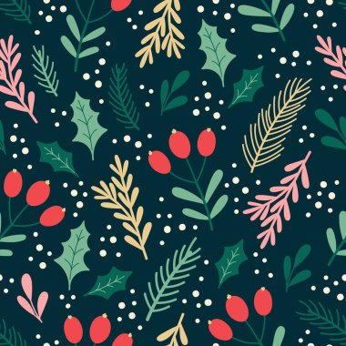 Böğürtlenli, kutsal yapraklı, karlı, köknar dallı Noel deseni. Karanlıkta vektör arkaplanı. Kumaş, ambalaj kağıdı ve kartpostal tasarımı için hoş bir illüstrasyon..