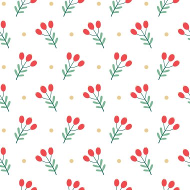 Dalları, böğürtlenleri, kartopları olan kusursuz bir Noel deseni. Beyazın vektör arkaplanı. Kumaş, ambalaj kağıdı ve kartpostal tasarımı için hoş bir illüstrasyon..