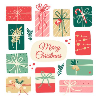 Beyaz arka planda Noel ve yeni yıl hediyeleri. Şirin hediye kutuları seti. Vektör çizimi. Xmas koleksiyonu ya da doğum günü hediyeleri. El yapımı tasarım elementleri. İyi tatiller.!