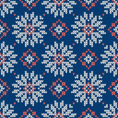 Kar taneleriyle süslenmiş kış tatili süsü. Noel ve yeni yıl yünü örülmüş kazak. Kusursuz desen, vektör çizimi, geleneksel arkaplan.