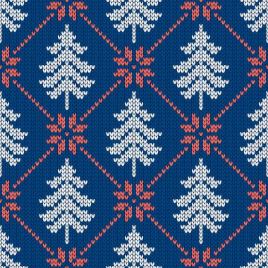 Geleneksel kış örgü deseni. İskandinav tarzı süveter. Kusursuz yün dokusu. Kar taneleri ve Noel ağaçlarıyla vektör çizimi. Tatil arkaplanı.