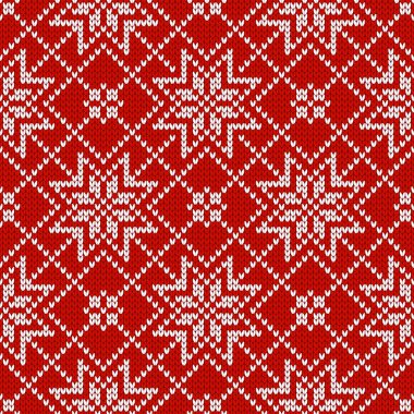 İskandinav örgü desenleri. Kar taneli Norveç tarzı süveter. Yün dokusu. Kış tatili geçmişi. Vektör illüstrasyonu.