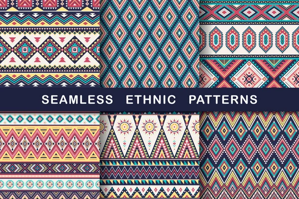 Ethnic Seamless Patterns Set Aztec Geometric Backgrounds Collection Stylish Navajo — Stock Vector