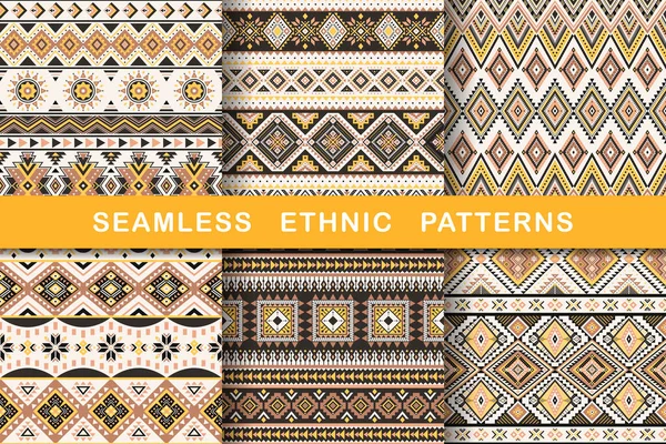 Ethnic Seamless Patterns Set Aztec Geometric Backgrounds Collection Stylish Navajo — Stock Vector