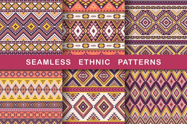 Ethnic Seamless Patterns Set Aztec Geometric Backgrounds Collection Stylish Navajo — Stock Vector