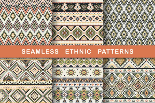 Ethnic Seamless Patterns Set Aztec Geometric Backgrounds Collection Stylish Navajo — Stock Vector