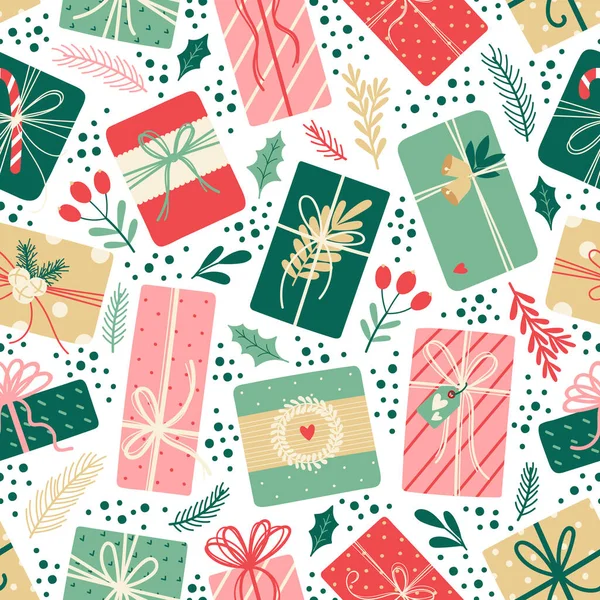 圣诞无缝图案 冬青叶 冷杉枝条 白色的矢量背景 包装纸 明信片设计的精美插图 — 图库矢量图片
