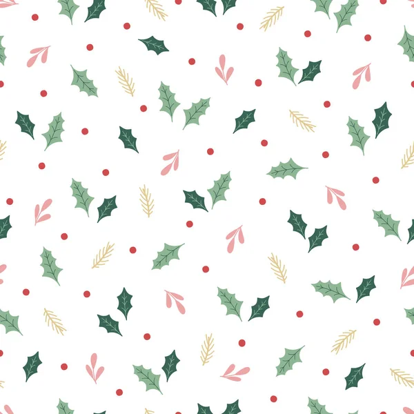 圣诞无缝图案与浆果 冬青叶 冷杉树枝 白色的矢量背景 包装纸 明信片设计的精美插图 — 图库矢量图片