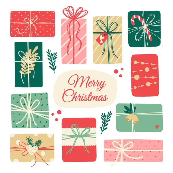 Cadeaux Noël Nouvel Sur Fond Blanc Ensemble Boîtes Cadeaux Mignonnes — Image vectorielle