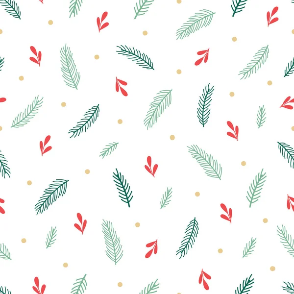 Christmas Seamless Pattern Berries Fir Branches Leaves Vector Background White — Stock Vector