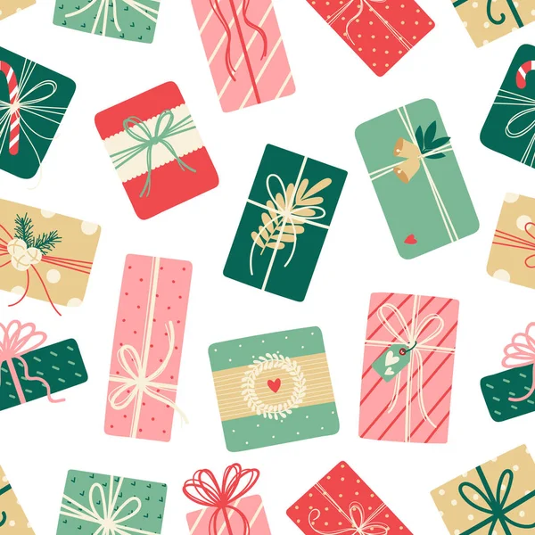 Weihnachten Nahtlose Muster Mit Geschenken Vektorhintergrund Auf Weiß Nette Illustration — Stockvektor