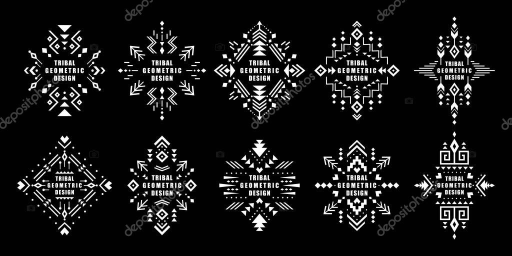 Aztec vector elements. Set of ethnic ornaments. Tribal design, geometric symbols for border, frame, tattoo, logo, cards, decorative works. Navajo motifs, isolated on black background.