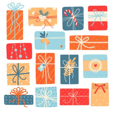 Beyaz arka planda Noel ve yeni yıl hediyeleri. Şirin hediye kutuları seti. Vektör çizimi. Xmas koleksiyonu ya da doğum günü hediyeleri. El yapımı tasarım elementleri. İyi tatiller.!