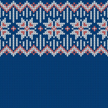 Örgü kumaşı. Metin için boş yeri olan şablon. Tatil tasarımı için geleneksel mevsimlik kusursuz arka plan. Kar taneleriyle örülmüş yün süveter deseni. Noel vektör illüstrasyonu.