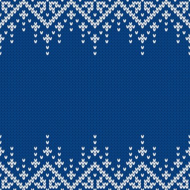 Örgü kumaşı. Metin için boş yeri olan şablon. Tatil tasarımı için geleneksel mevsimlik kusursuz arka plan. Kar taneleriyle örülmüş yün süveter deseni. Noel vektör illüstrasyonu.