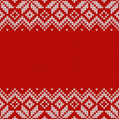 Örgü kumaşı. Metin için boş yeri olan şablon. Tatil tasarımı için geleneksel mevsimlik kusursuz arka plan. Kar taneleriyle örülmüş yün süveter deseni. Noel vektör illüstrasyonu.