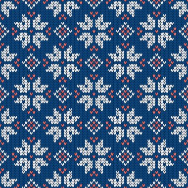 Kar taneleriyle süslenmiş kış tatili süsü. Noel ve yeni yıl yünü örülmüş kazak. Kusursuz desen, vektör çizimi, geleneksel arkaplan.