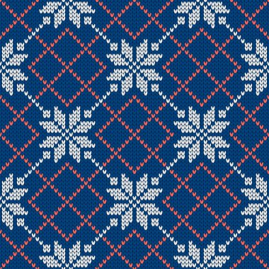 Kar taneleriyle süslenmiş kış tatili süsü. Noel ve yeni yıl yünü örülmüş kazak. Kusursuz desen, vektör çizimi, geleneksel arkaplan.