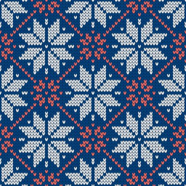 Kar taneleriyle süslenmiş kış tatili süsü. Noel ve yeni yıl yünü örülmüş kazak. Kusursuz desen, vektör çizimi, geleneksel arkaplan.