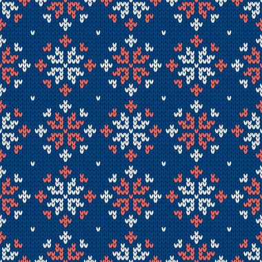 Kar taneleriyle süslenmiş kış tatili süsü. Noel ve yeni yıl yünü örülmüş kazak. Kusursuz desen, vektör çizimi, geleneksel arkaplan.