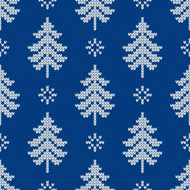 Geleneksel kış örgü deseni. İskandinav tarzı süveter. Kusursuz yün dokusu. Kar taneleri ve Noel ağaçlarıyla vektör çizimi. Tatil arkaplanı.