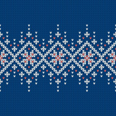 İskandinav örgü desenleri. Norveç tarzı süveter, kar taneleriyle süslenmiş. Fair Island tasarımı. Yün dokusu. Kış tatili geçmişi. Vektör illüstrasyonu.