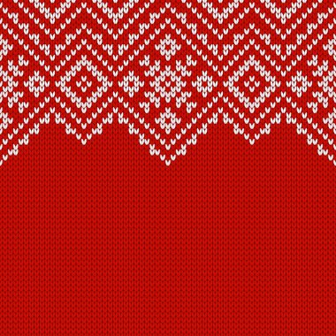 Örgü kumaşı. Metin için boş yeri olan şablon. Tatil tasarımı için geleneksel mevsimlik kusursuz arka plan. Kar taneleriyle örülmüş yün süveter deseni. Noel vektör illüstrasyonu.