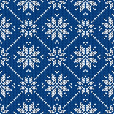 Kar taneleriyle süslenmiş kış tatili süsü. Noel ve yeni yıl yünü örülmüş kazak. Kusursuz desen, vektör çizimi, geleneksel arkaplan.