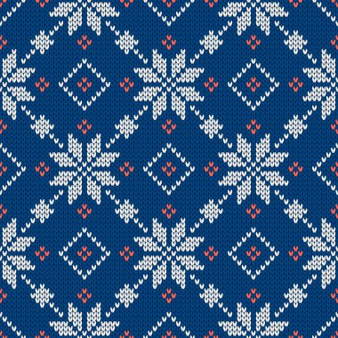 İskandinav örgü desenleri. Kar taneli Norveç tarzı süveter. Yün dokusu. Kış tatili geçmişi. Vektör illüstrasyonu.