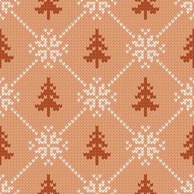 Geleneksel kış örgü deseni. İskandinav tarzı süveter. Kusursuz yün dokusu. Kar taneleri ve Noel ağaçlarıyla vektör çizimi. Tatil arkaplanı.