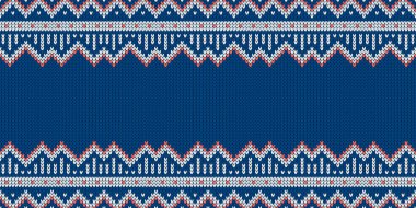 Örgü kumaşı. Metin için boş yeri olan şablon. Bayram tasarımı için geleneksel sezonluk arka plan. Kış örülmüş yünsüz süveter deseni. Noel vektör illüstrasyonu.