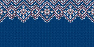 Örgü kumaşı. Metin için boş yeri olan şablon. Tatil tasarımı için geleneksel sezonluk geniş arka plan. Kış, kar taneleriyle örülmüş süveter deseni. Noel vektör illüstrasyonu.