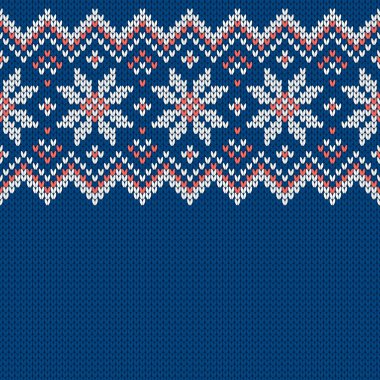 Örgü kumaşı. Metin için boş yeri olan şablon. Tatil tasarımı için geleneksel mevsimlik kusursuz arka plan. Kar taneleriyle örülmüş yün süveter deseni. Noel vektör illüstrasyonu.