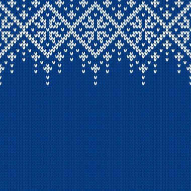 Örgü kumaşı. Metin için boş yeri olan şablon. Tatil tasarımı için geleneksel mevsimlik kusursuz arka plan. Kar taneleriyle örülmüş yün süveter deseni. Noel vektör illüstrasyonu.