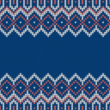Örgü kumaşı. Metin için boş yeri olan şablon. Tatil tasarımı için geleneksel mevsimlik kusursuz arka plan. Kış örgü yün süveter deseni. Noel vektör illüstrasyonu.