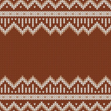 Örgü kumaşı. Metin için boş yeri olan şablon. Tatil tasarımı için geleneksel mevsimlik kusursuz arka plan. Kış örgü yün süveter deseni. Noel vektör illüstrasyonu.