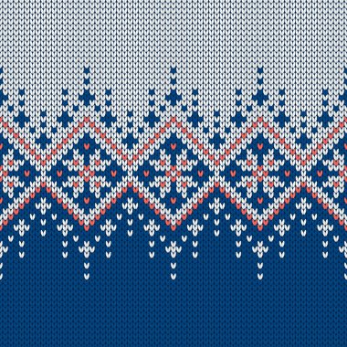 İskandinav örgü desenleri. Norveç tarzı süveter, kar taneleriyle süslenmiş. Fair Island tasarımı. Yün dokusu. Kış tatili geçmişi. Vektör illüstrasyonu.