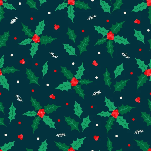 圣诞无缝图案与浆果 冬青叶 冷杉树枝 面料冬季图解 包装纸 明信片设计 矢量背景 — 图库矢量图片