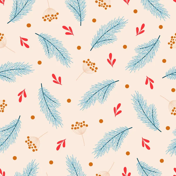 冬季无缝图案与浆果 蓝色冷杉枝 米色背景 包装纸 明信片设计的圣诞矢量插图 — 图库矢量图片