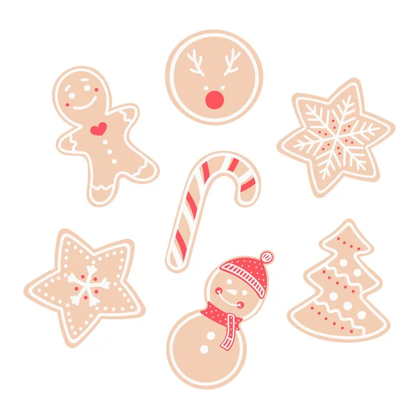Gyűjtött Mézeskalács Cookie Csillag Hópihe Szarvas Arc Cukorka Karácsonyfa Hóember — Stock Vector