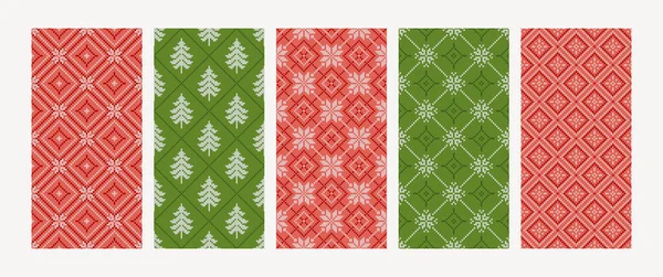 Colección Patrones Sin Costura Punto Navidad Con Copos Nieve Abetos — Vector de stock