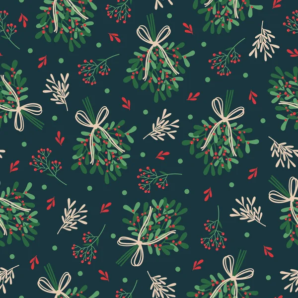 Zimní Hladký Vzor Jmelím Svazky Větvemi Listy Bobulemi Vánoční Ilustrace — Stockový vektor