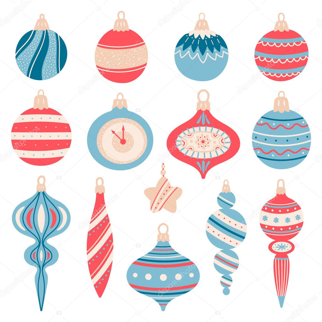 Christmas tree toys on white background. Set of winter holiday decorations. Traditional Xmas symbols. New Year baubles collection. Vector illustration.