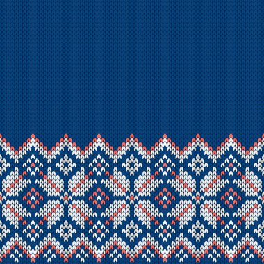 Örgü kumaşı. Metin için boş yeri olan şablon. Tatil tasarımı için geleneksel mevsimlik kusursuz arka plan. Kar taneleriyle örülmüş yün süveter deseni. Noel vektör illüstrasyonu.