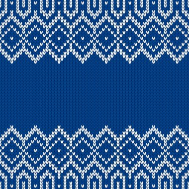 Örgü kumaşı. Metin için boş yeri olan şablon. Tatil tasarımı için geleneksel mevsimlik kusursuz arka plan. Kış örgü yün süveter deseni. Noel vektör illüstrasyonu.