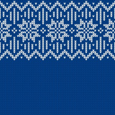 Örgü kumaşı. Metin için boş yeri olan şablon. Tatil tasarımı için geleneksel mevsimlik kusursuz arka plan. Kar taneleriyle örülmüş yün süveter deseni. Noel vektör illüstrasyonu.