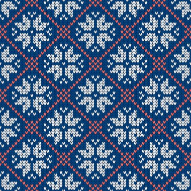 Kar taneleriyle süslenmiş kış tatili süsü. Noel ve yeni yıl yünü örülmüş kazak. Kusursuz desen, vektör çizimi, geleneksel arkaplan.