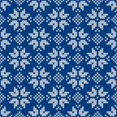 Kar taneleriyle süslenmiş kış tatili süsü. Noel ve yeni yıl yünü örülmüş kazak. Kusursuz desen, vektör çizimi, geleneksel arkaplan.